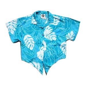 Hilo Hattie Women's Hawaiian Crop Top Tie Front Shirt Medium Blue‎ Retro USA